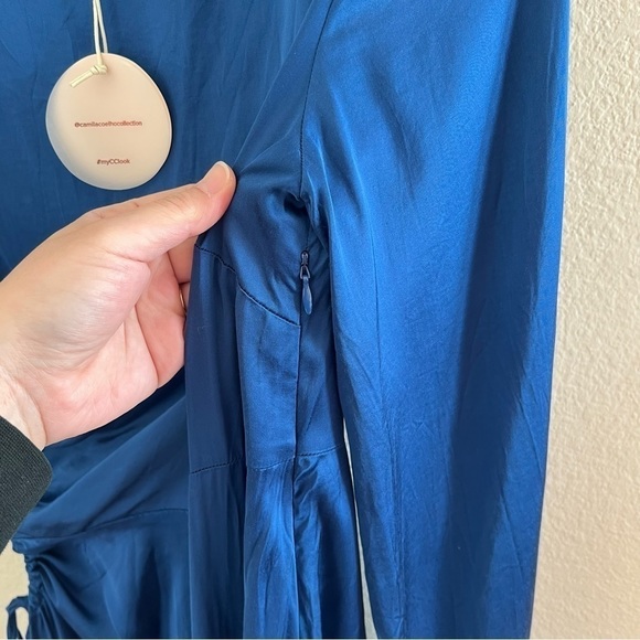 Camila Coelho Midi Dress M Luna Blue Satin Cutout Long Sleeve Navy Ruch Revolve - Picture 7 of 12